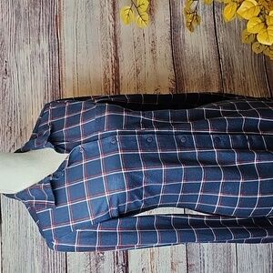 EDEN & OLIVIA BLUE & RED PLAID LONG ROLL-TAB SLEEVE X-LONG SHIRT